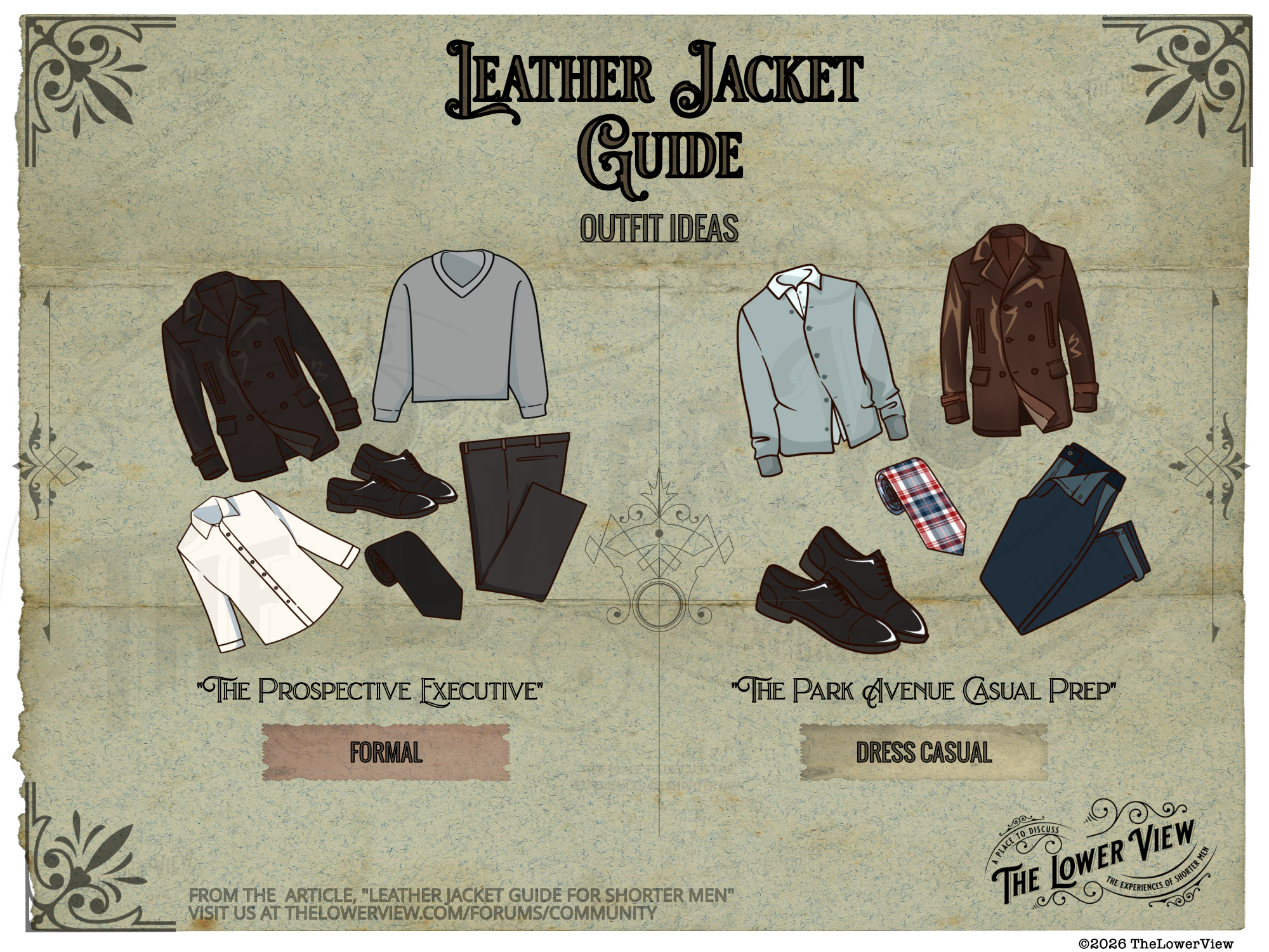 Leather Jacket Guide For Shorter Men - Outfit Ideas - Leather Peacoat V Neck Button Down Oxfords | Plaid Tie Dark Wash Denim Jeans Cardigan